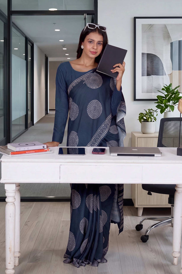 Laxmipati Power Pleats Blue Cotton Blend Geometric Printed Saree