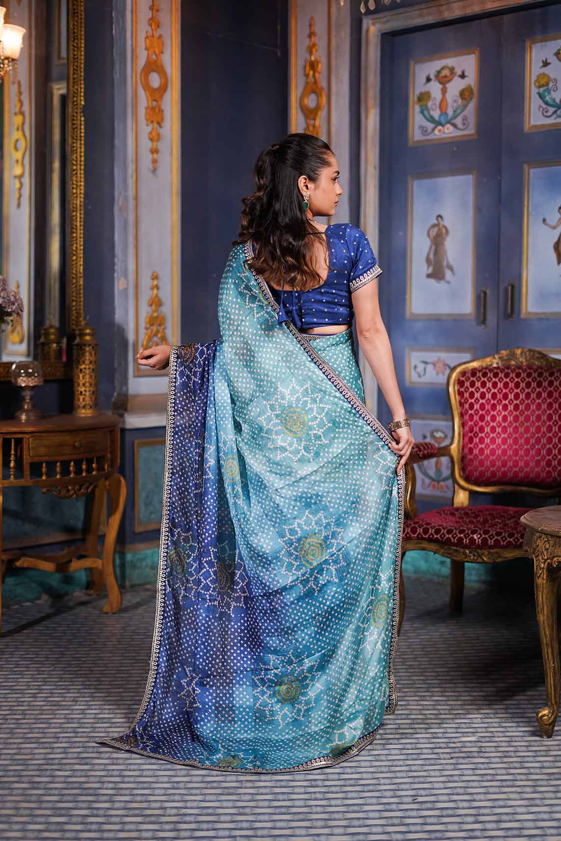 Laxmipati Anaya Teal Blue Silk Saree with Bandhani Prints