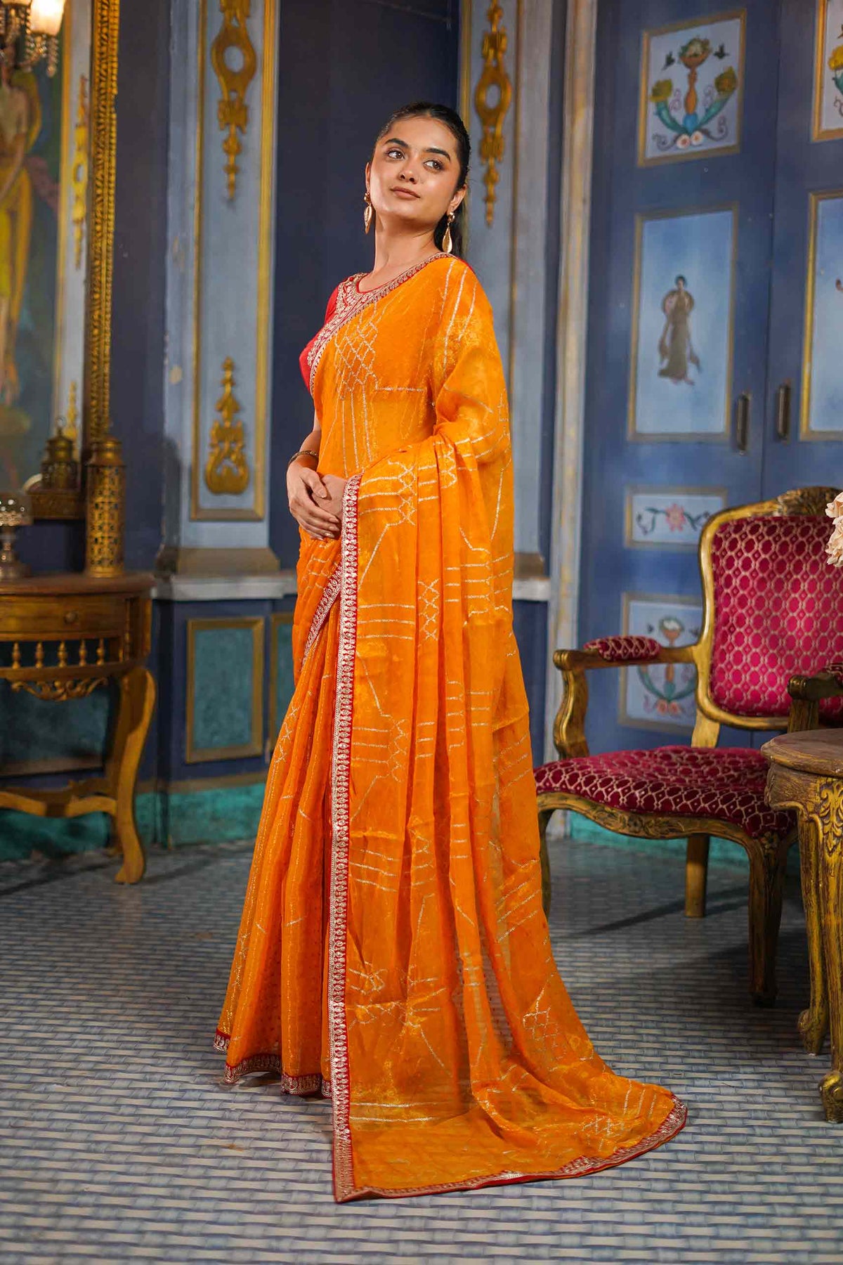 Laxmipati Anaya Mustard Chiffon Saree with Geometric Foil Work