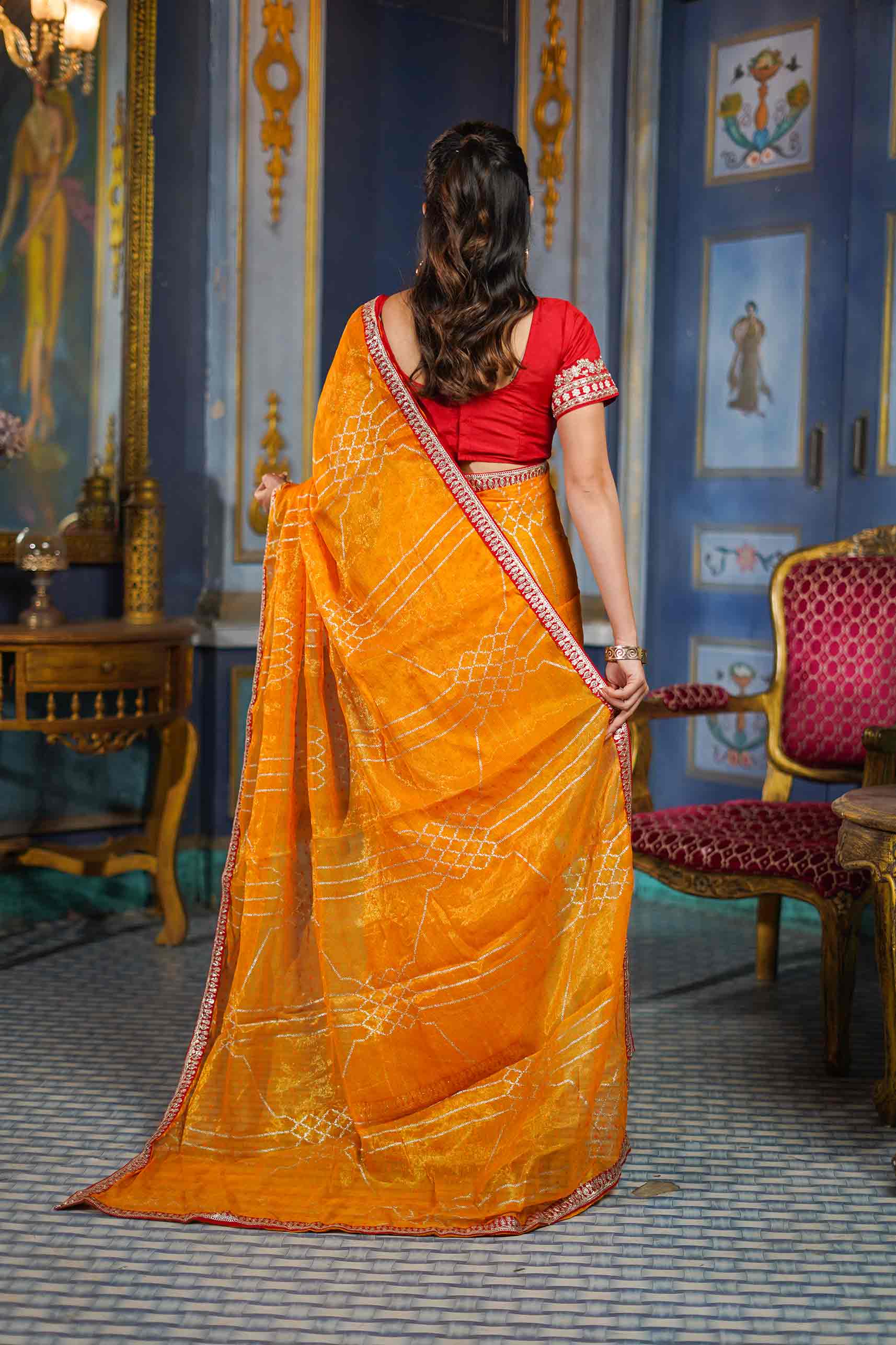 Laxmipati Anaya Mustard Chiffon Saree with Geometric Foil Work