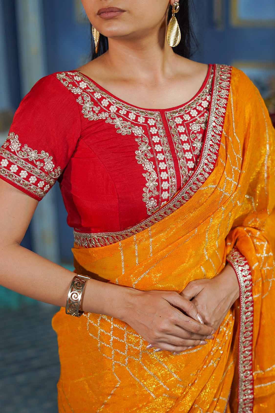 Laxmipati Anaya Mustard Chiffon Saree with Geometric Foil Work