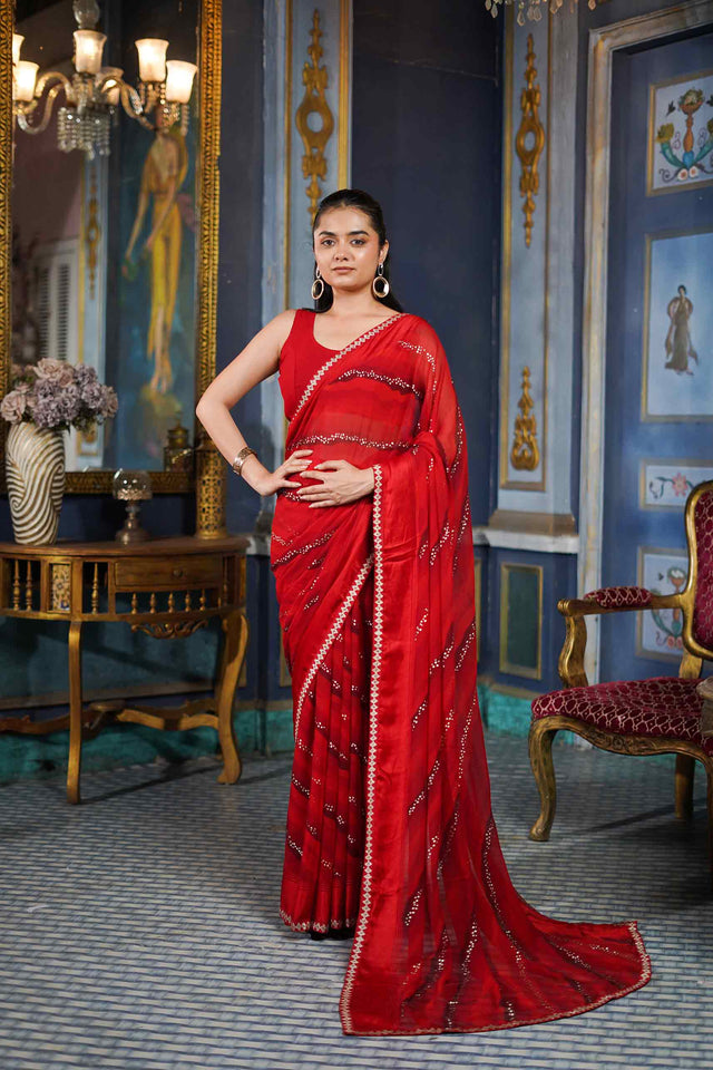 Laxmipati Raadhika Red Wavy Print Georgette Saree
