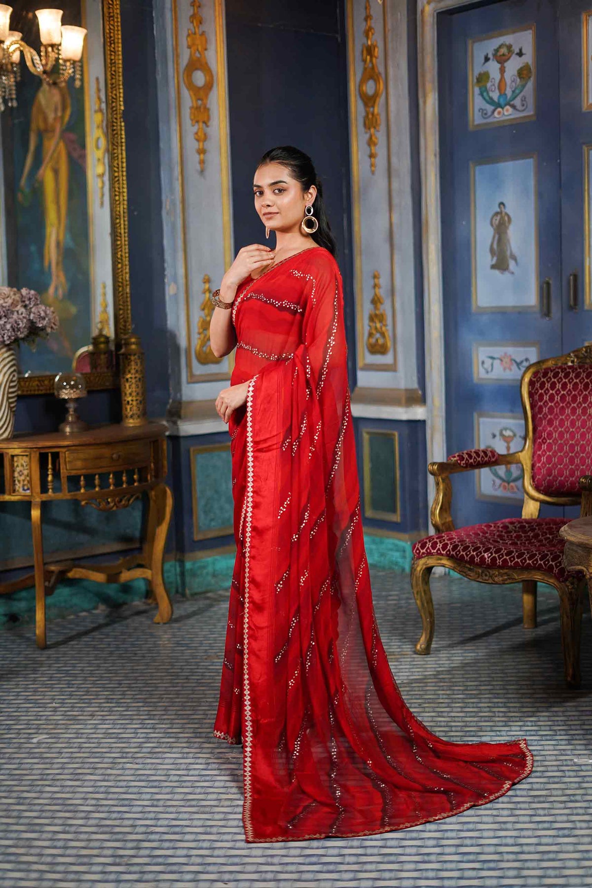 Laxmipati Raadhika Red Wavy Print Georgette Saree