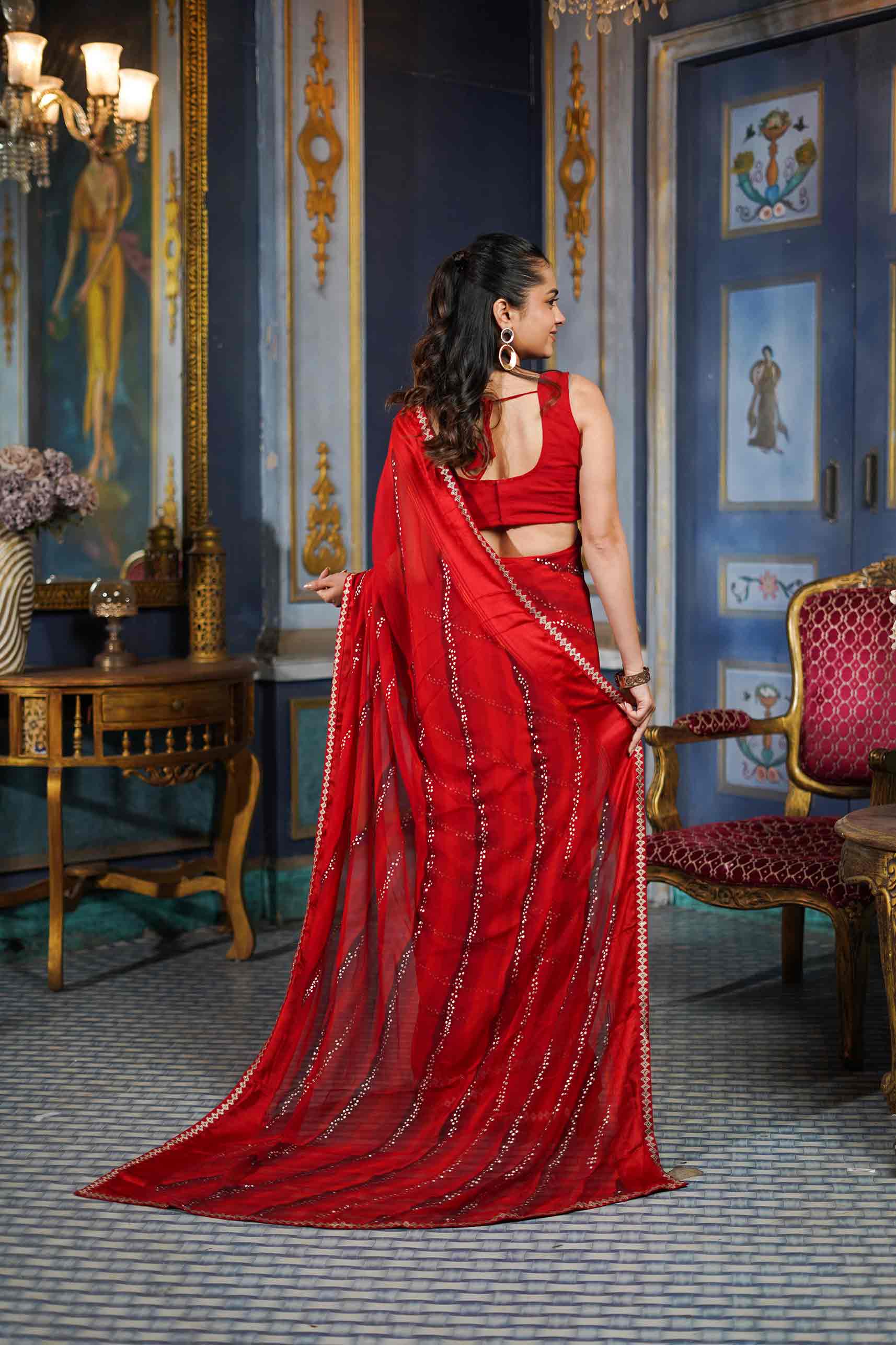 Laxmipati Raadhika Red Wavy Print Georgette Saree