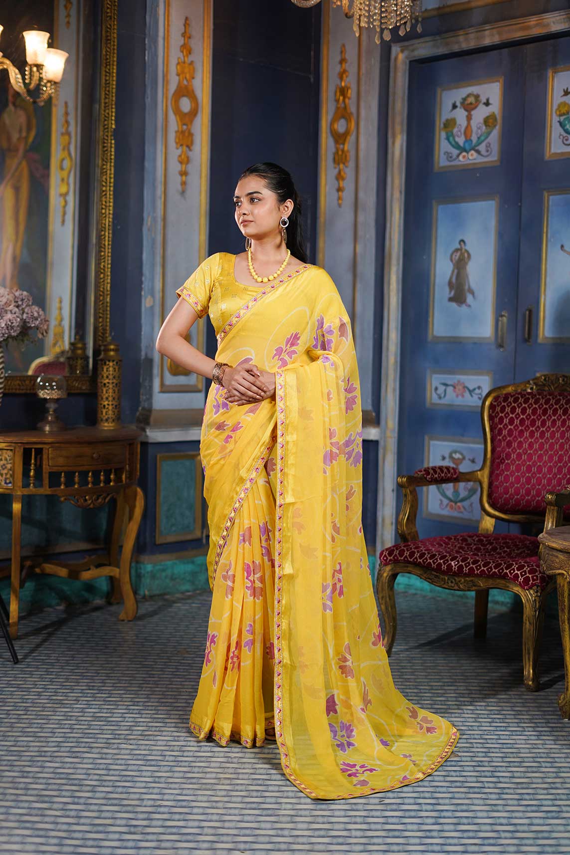 Laxmipati Ishita Yellow Floral Printed Chiffon Saree