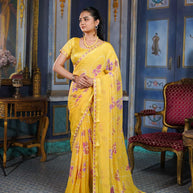 Laxmipati Ishita Yellow Floral Printed Chiffon Saree