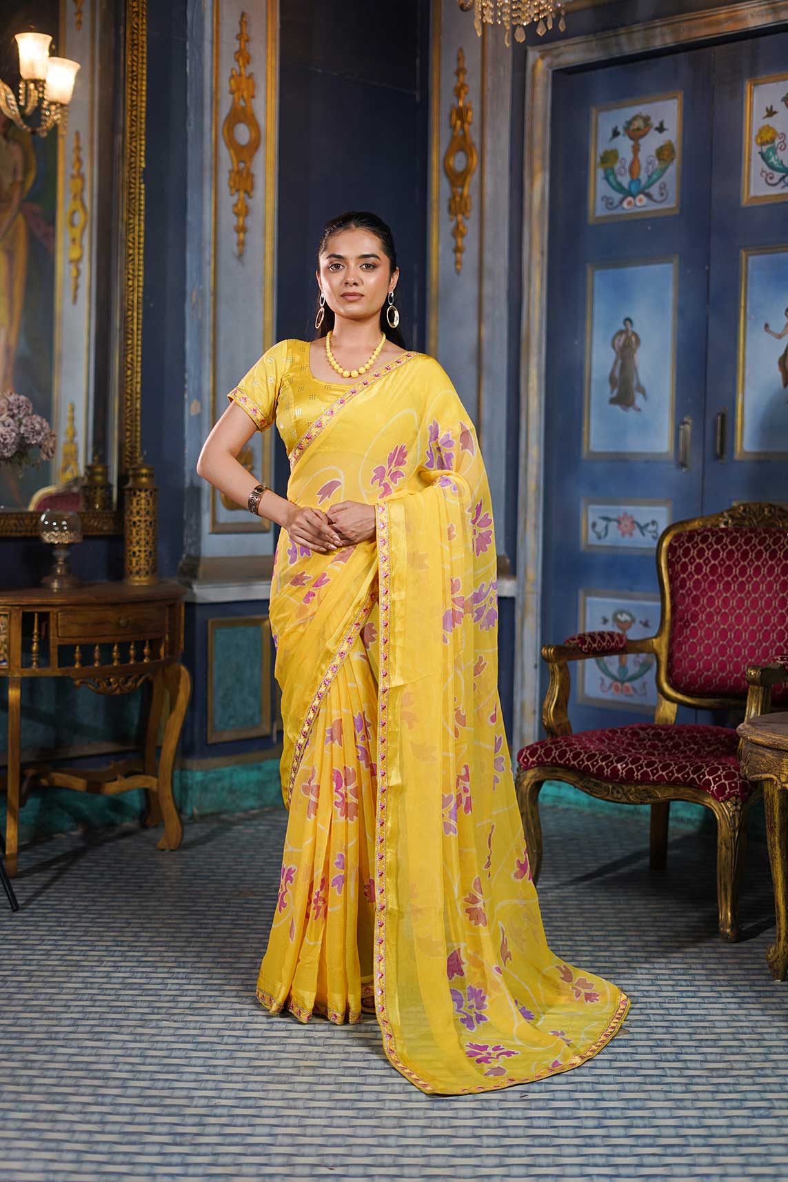 Laxmipati Ishita Yellow Floral Printed Chiffon Saree