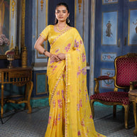Laxmipati Ishita Yellow Floral Printed Chiffon Saree
