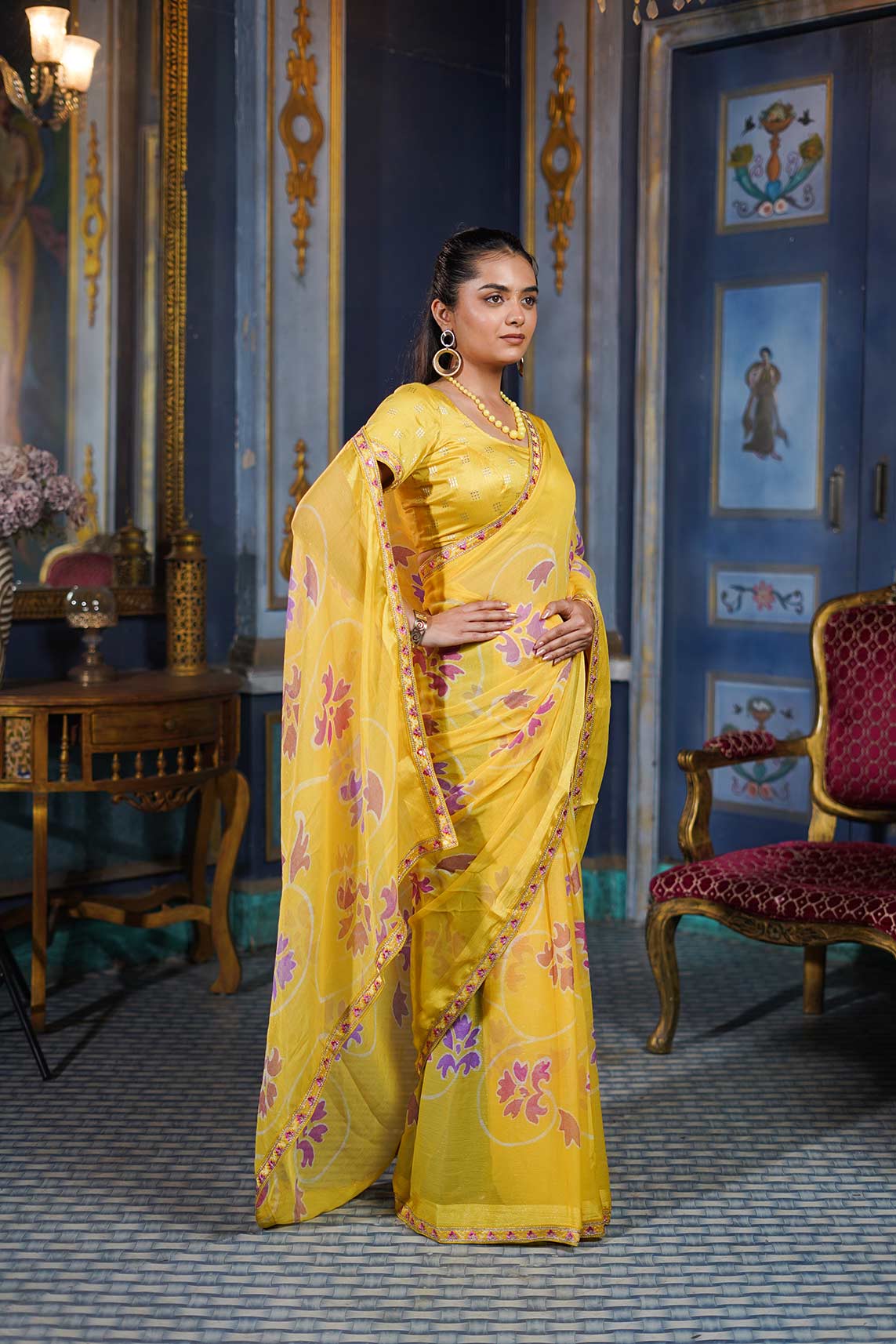 Laxmipati Ishita Yellow Floral Printed Chiffon Saree
