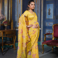 Laxmipati Ishita Yellow Floral Printed Chiffon Saree