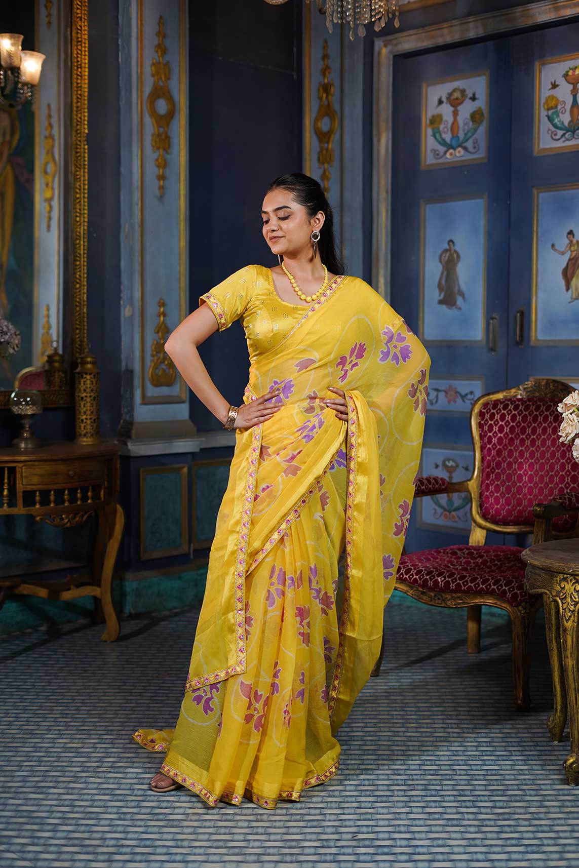 Laxmipati Ishita Yellow Floral Printed Chiffon Saree