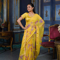 Laxmipati Ishita Yellow Floral Printed Chiffon Saree