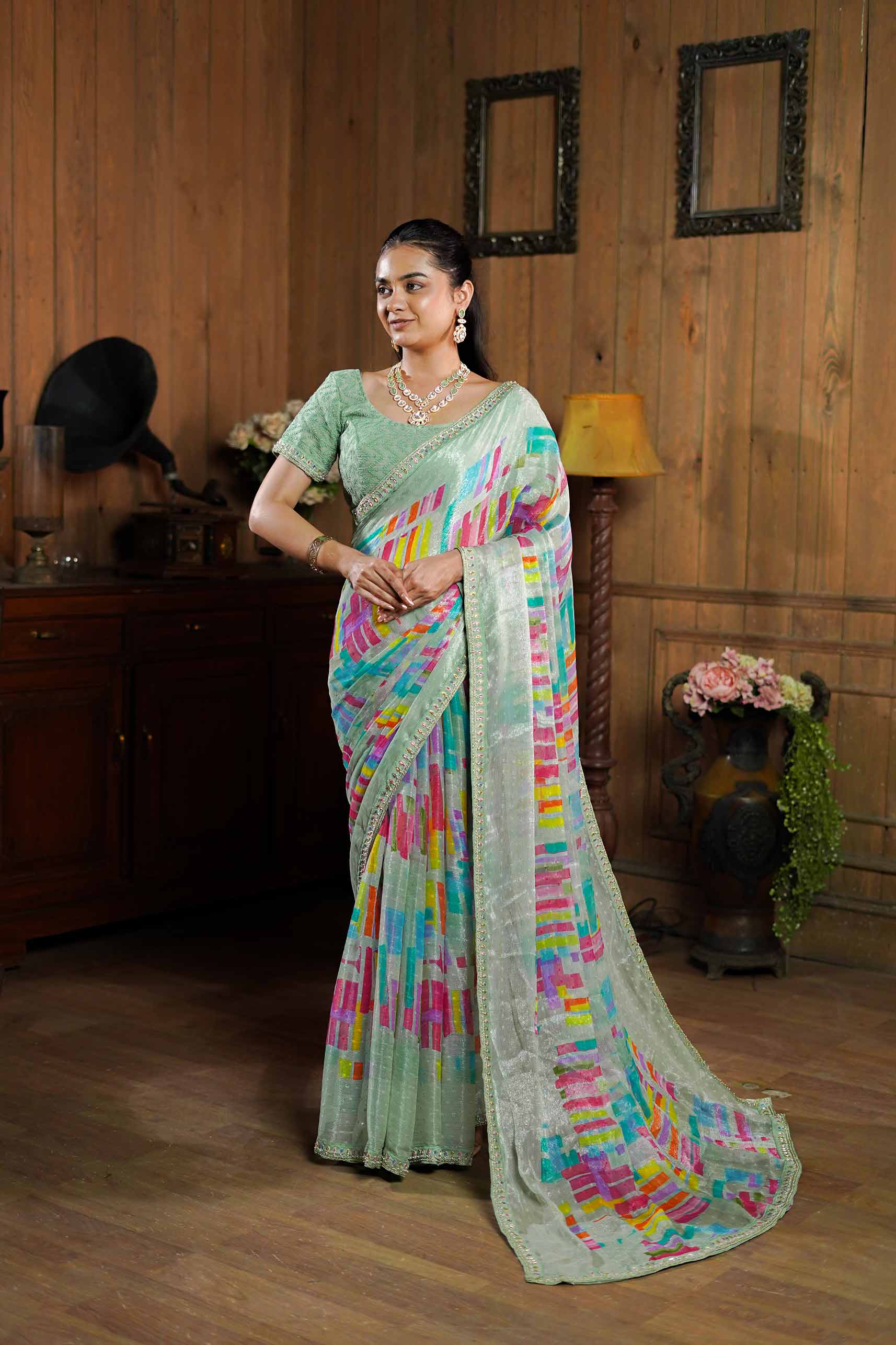Laxmipati Ishita Pastel Green Abstract Printed Silk Saree