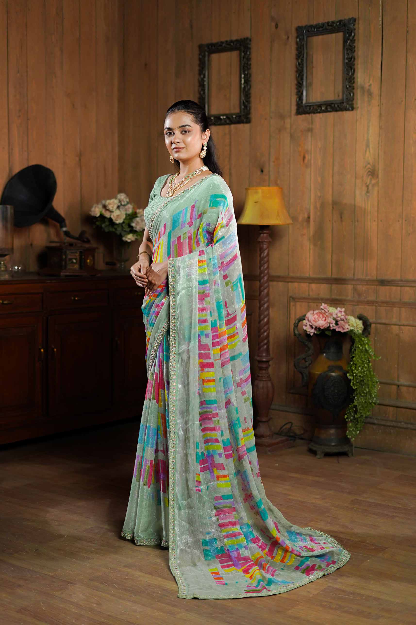 Laxmipati Ishita Pastel Green Abstract Printed Silk Saree