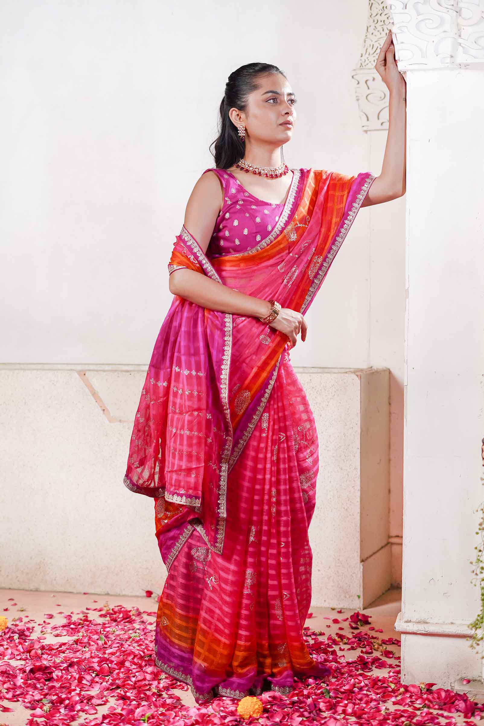Laxmipati Ishita Pink Bandhani Printed Georgette Saree