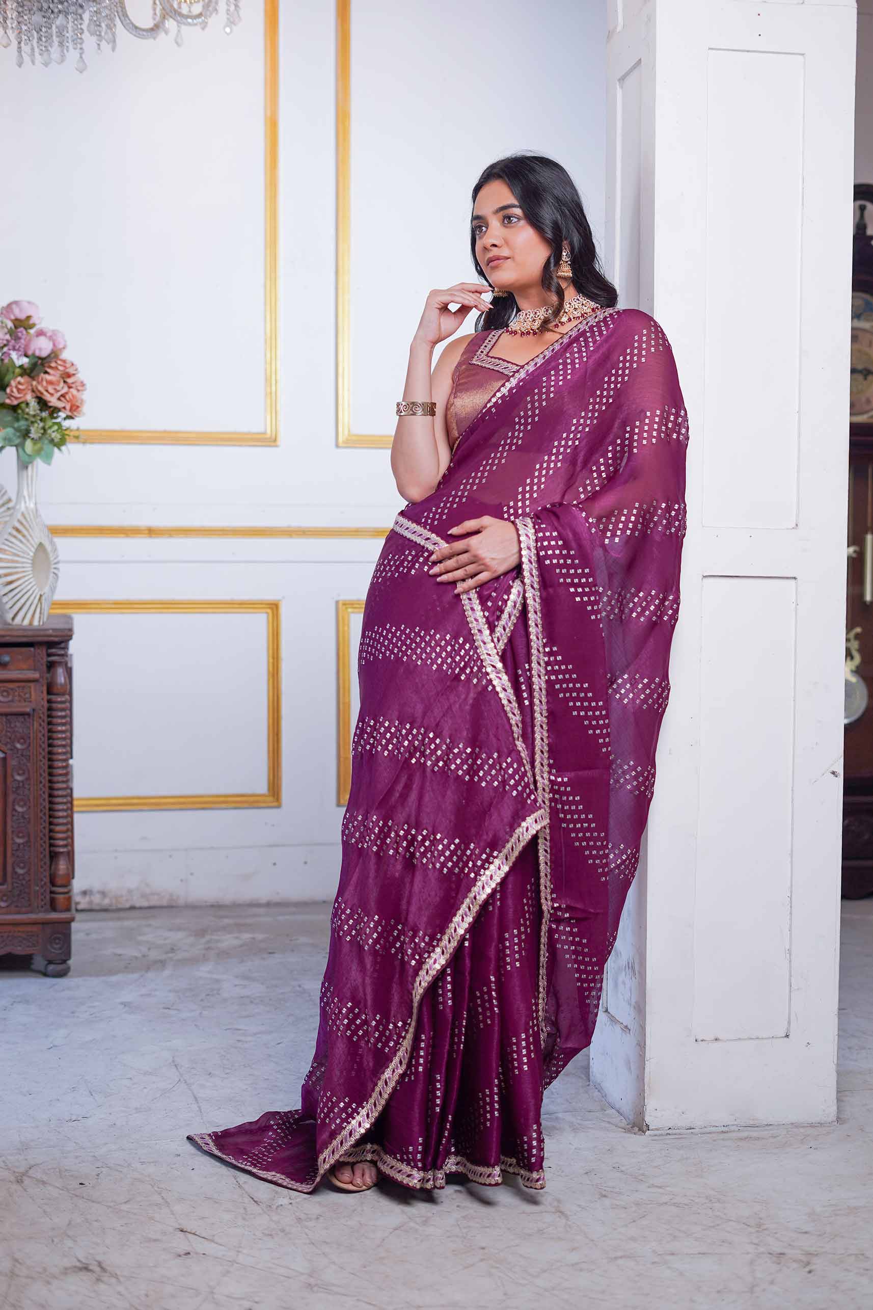 Laxmipati Anaya Wine Silk Saree with Geometric Prints