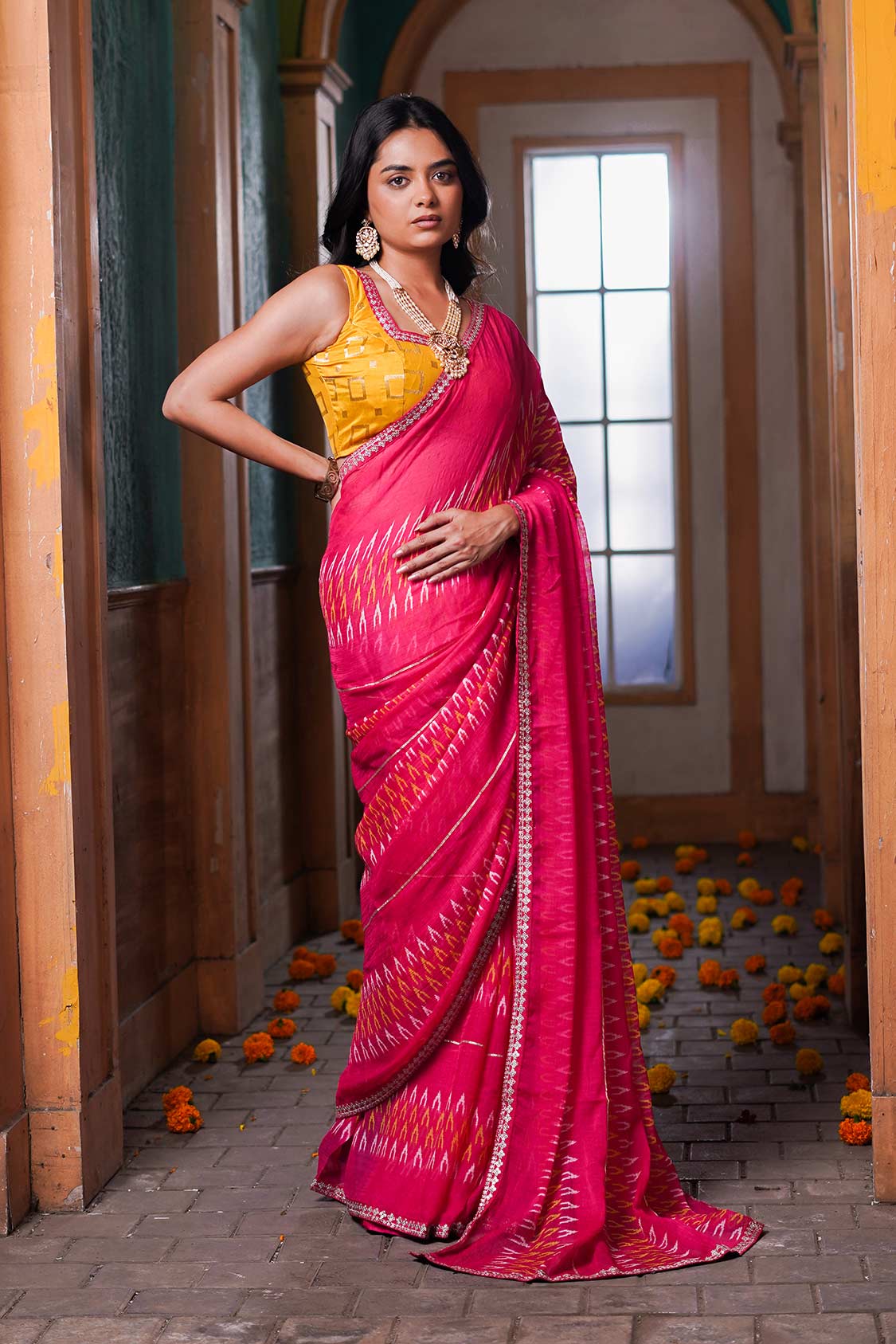 Laxmipati Anaya Pink Chiffon Saree in Ikkat Prints