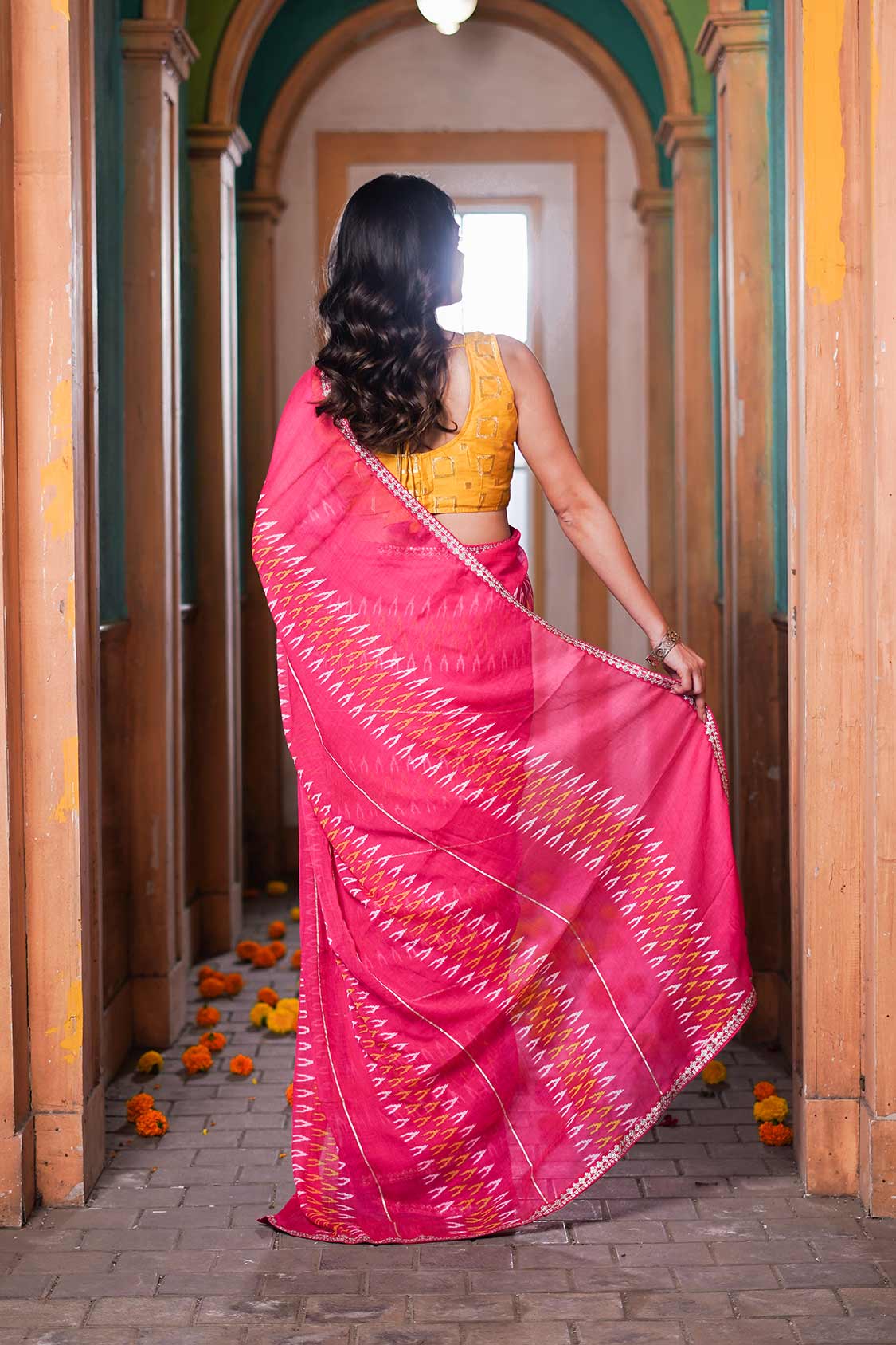 Laxmipati Anaya Pink Chiffon Saree in Ikkat Prints