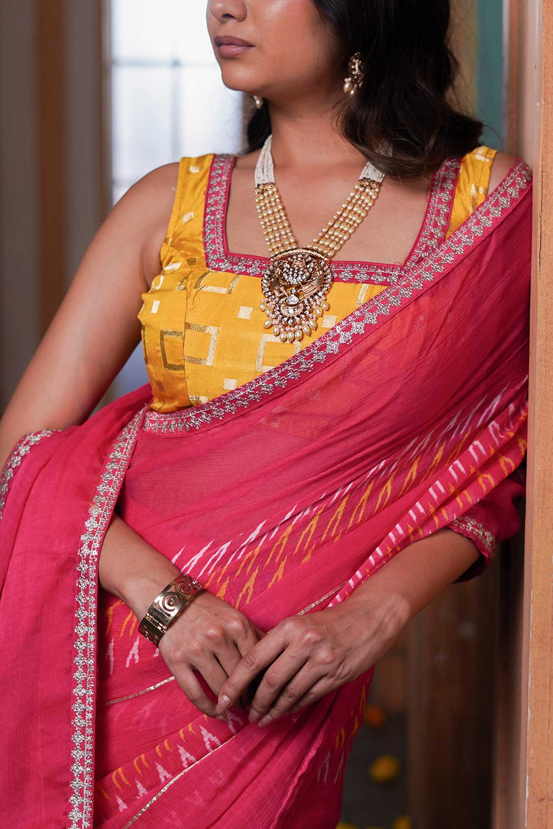 Laxmipati Anaya Pink Chiffon Saree in Ikkat Prints