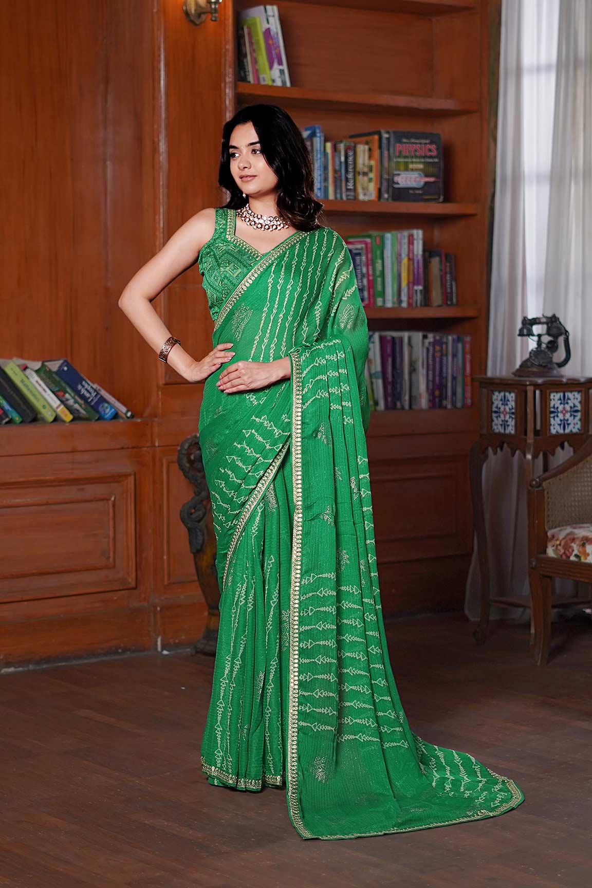 Laxmipati Anaya Green Chiffon Saree with Geometric Prints