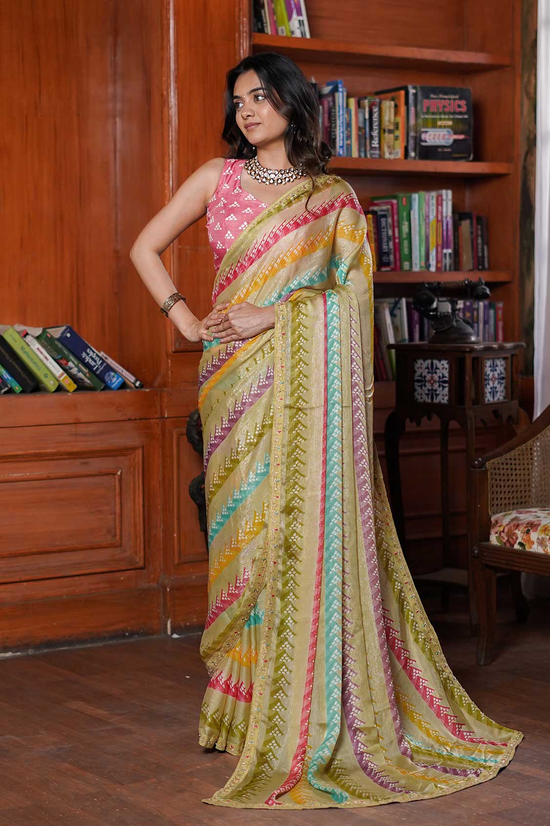 Laxmipati Tohfa Striped Printed Silk Saree in Beige Color