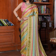 Laxmipati Tohfa Striped Printed Silk Saree in Beige Color