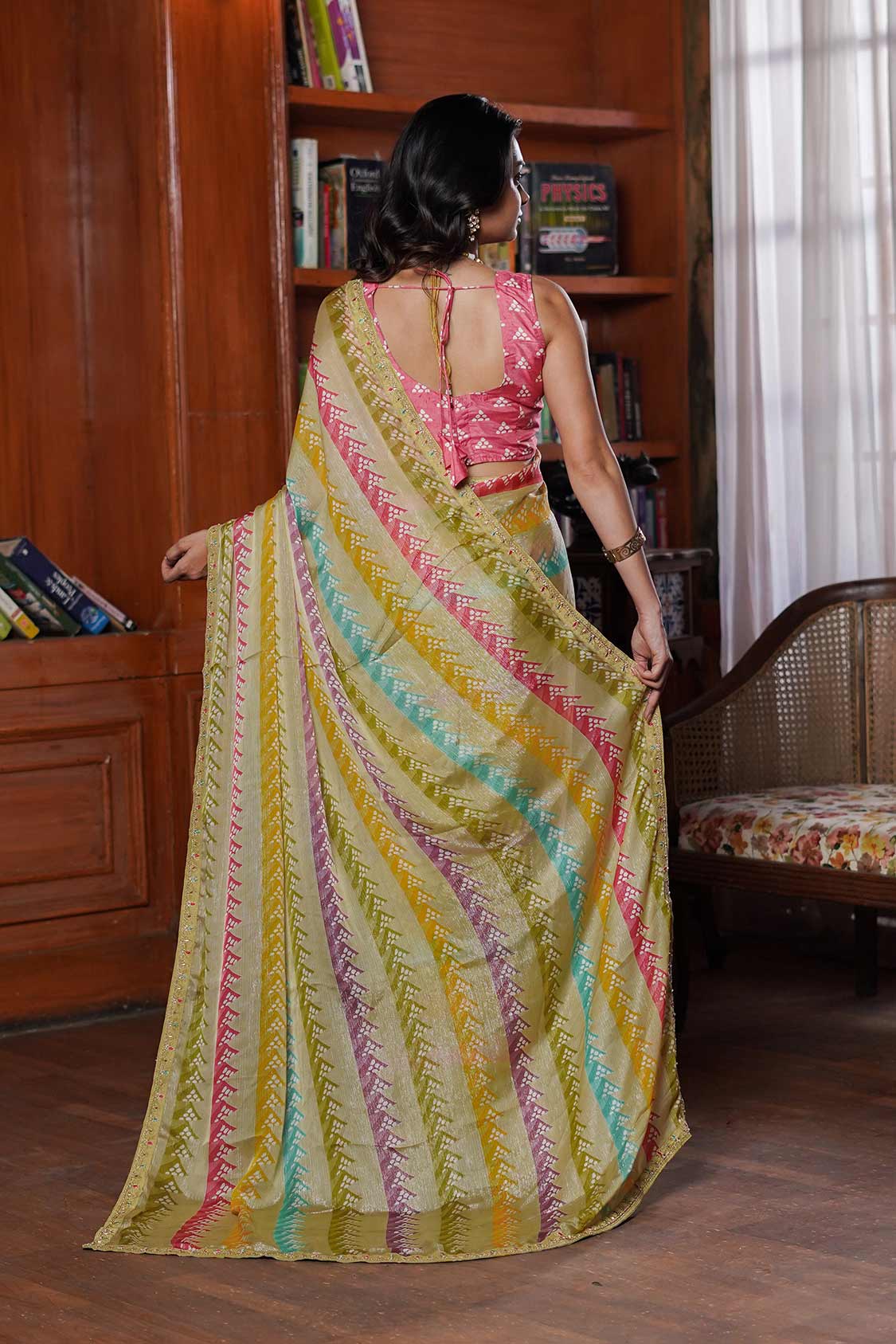 Laxmipati Tohfa Striped Printed Silk Saree in Beige Color