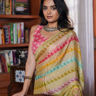 Laxmipati Tohfa Striped Printed Silk Saree in Beige Color