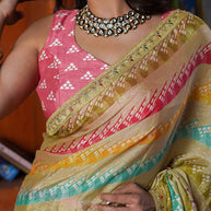 Laxmipati Tohfa Striped Printed Silk Saree in Beige Color