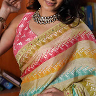 Laxmipati Tohfa Striped Printed Silk Saree in Beige Color