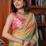 Laxmipati Tohfa Striped Printed Silk Saree in Beige Color