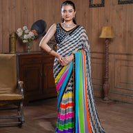 Laxmipati Designer Multicolor Georgette Stripe Print With Lace Border Saree