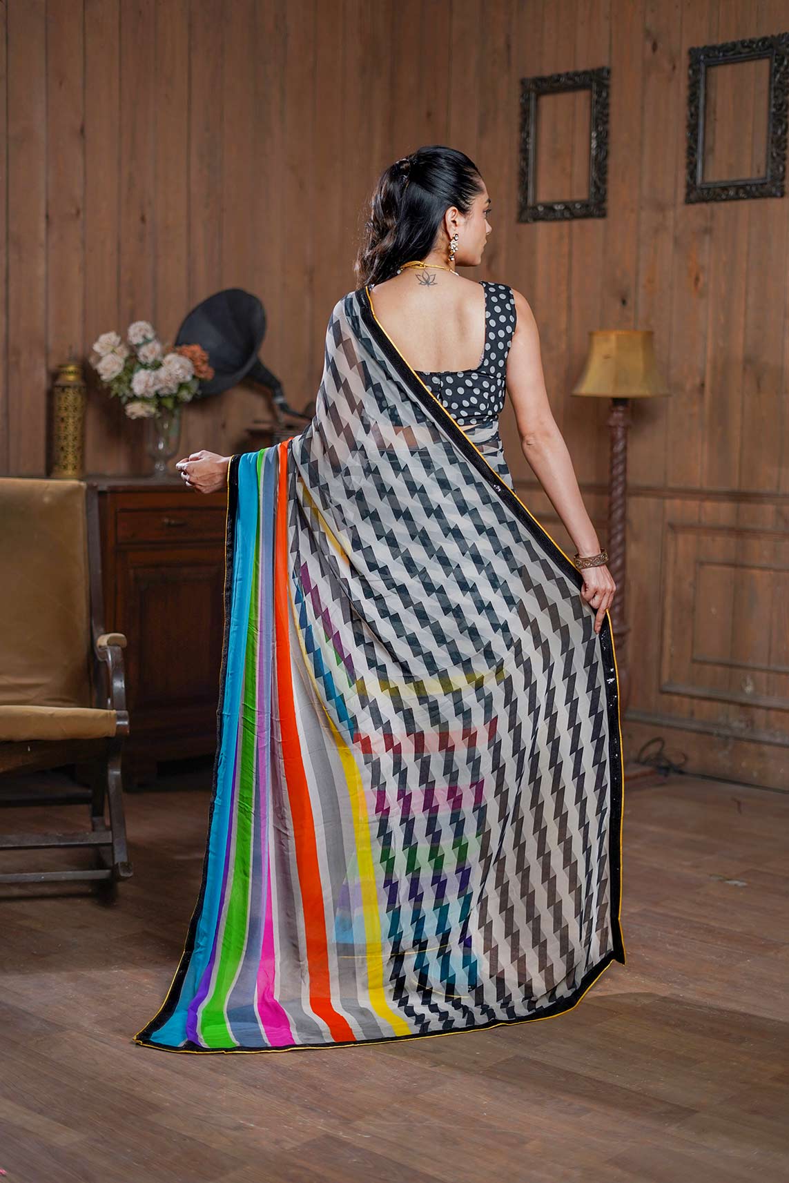 Laxmipati Designer Multicolor Georgette Stripe Print With Lace Border Saree