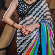 Laxmipati Designer Multicolor Georgette Stripe Print With Lace Border Saree