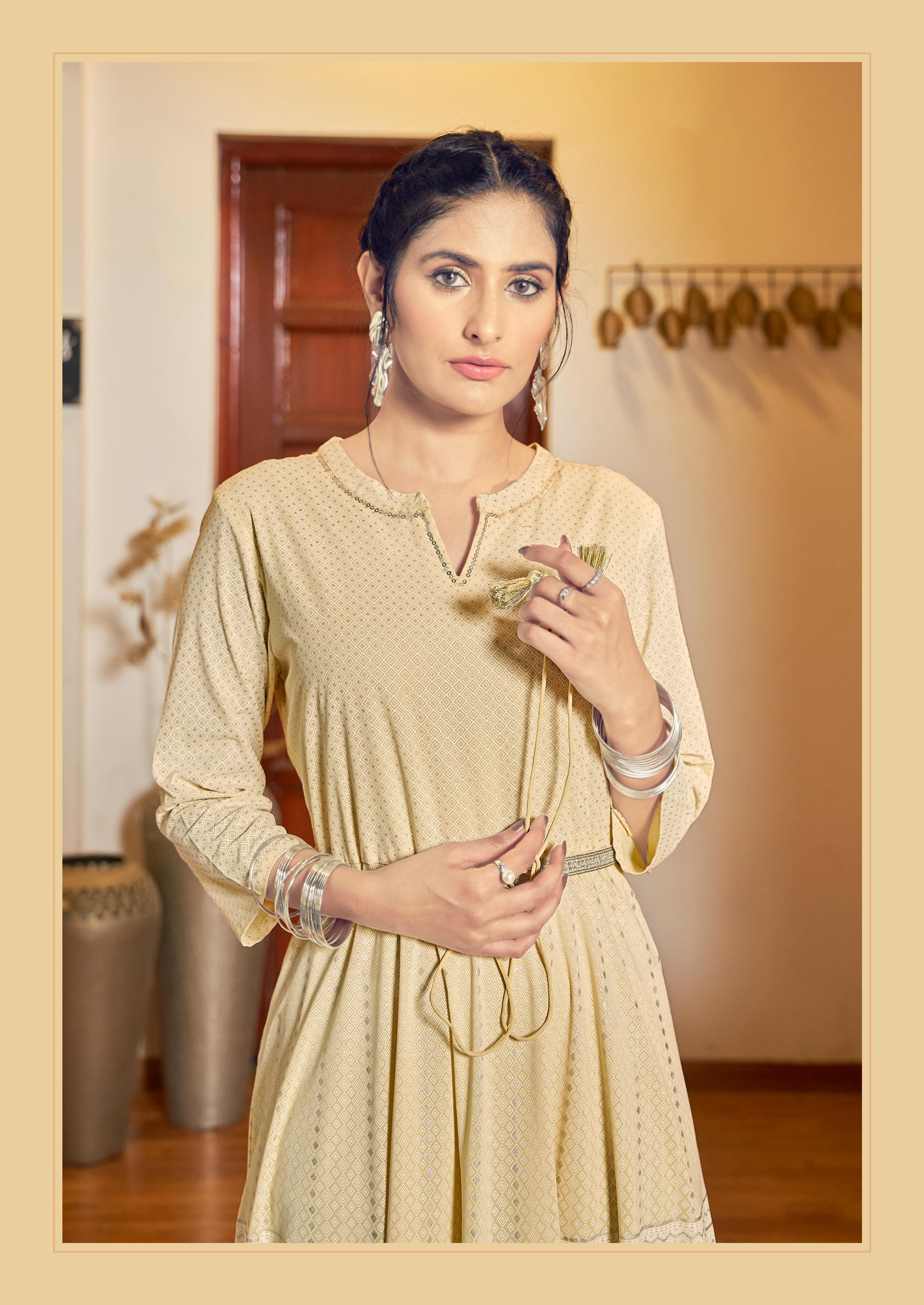 Laxmipati Hum Dum Floral Print Georgette Anarkali Kurta in Lime Yellow Color