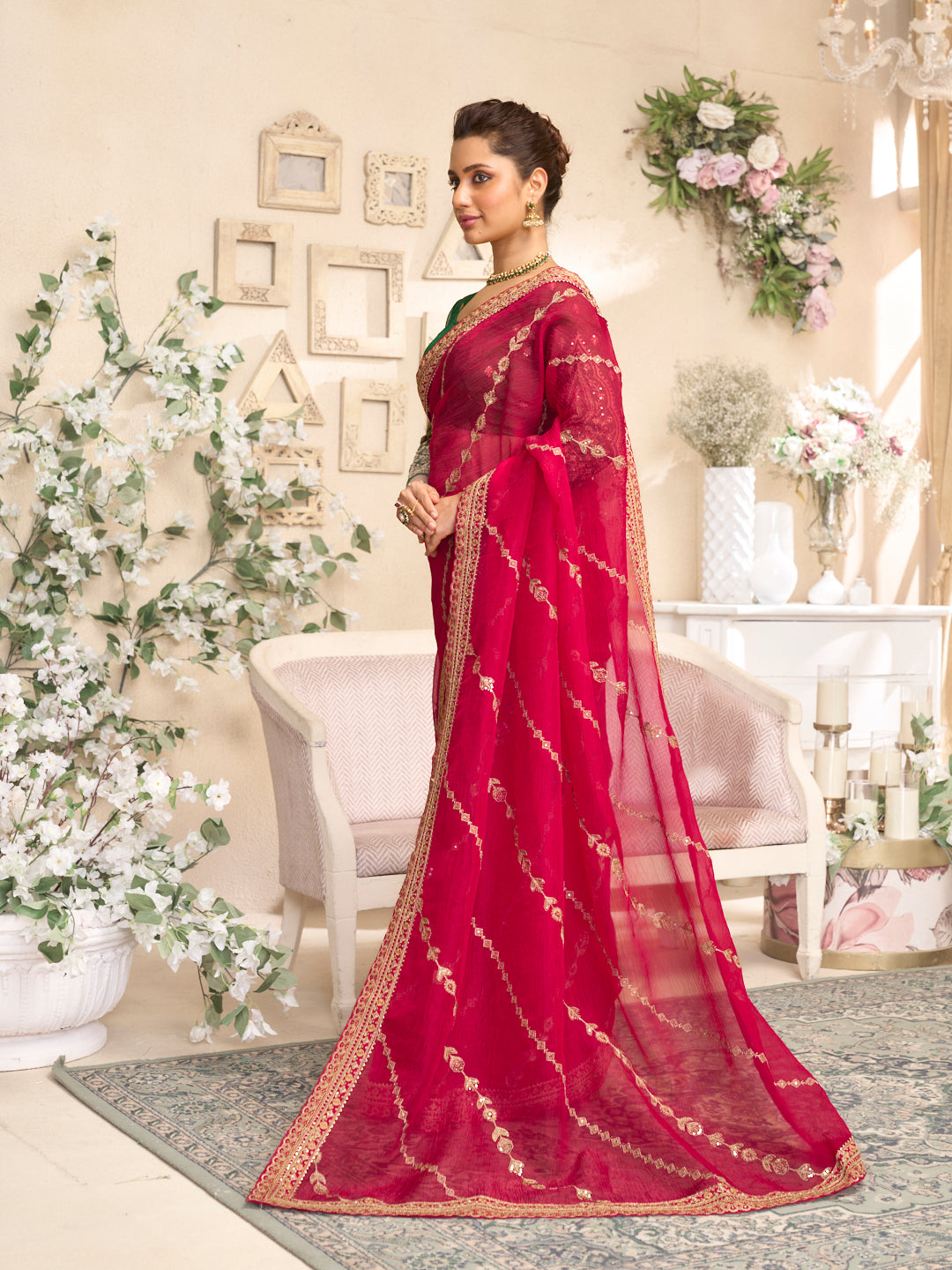 Laxmipati RaangSaaz Red Chiffon Saree with Geometric Embroidery