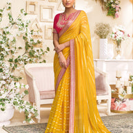 Laxmipati RaangSaaz Yellow Tissue Saree with Geometric Embroidery