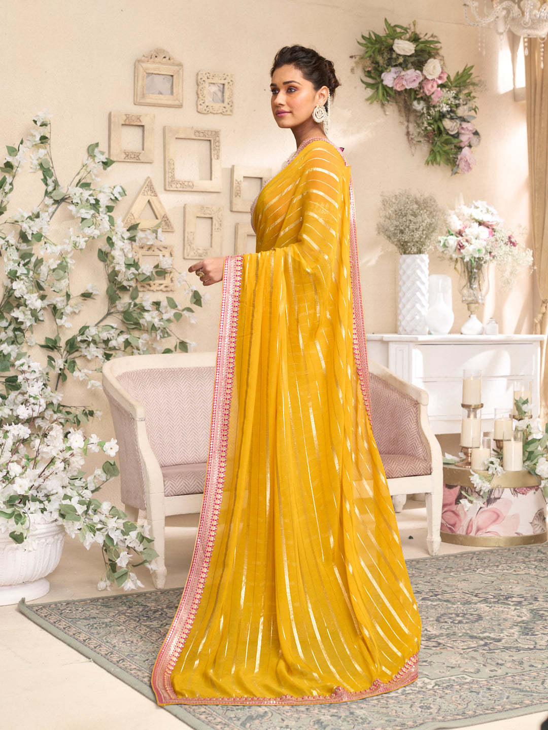 Laxmipati RaangSaaz Yellow Tissue Saree with Geometric Embroidery