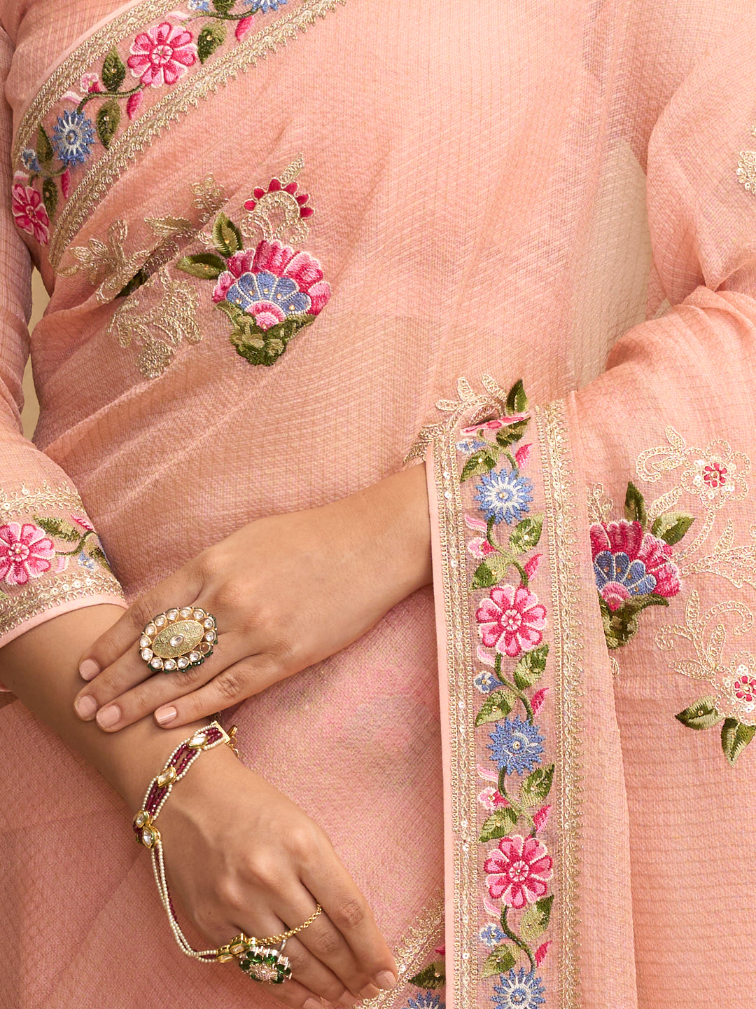 Laxmipati RaangSaaz Peach Tissue Saree with Floral Embroidery