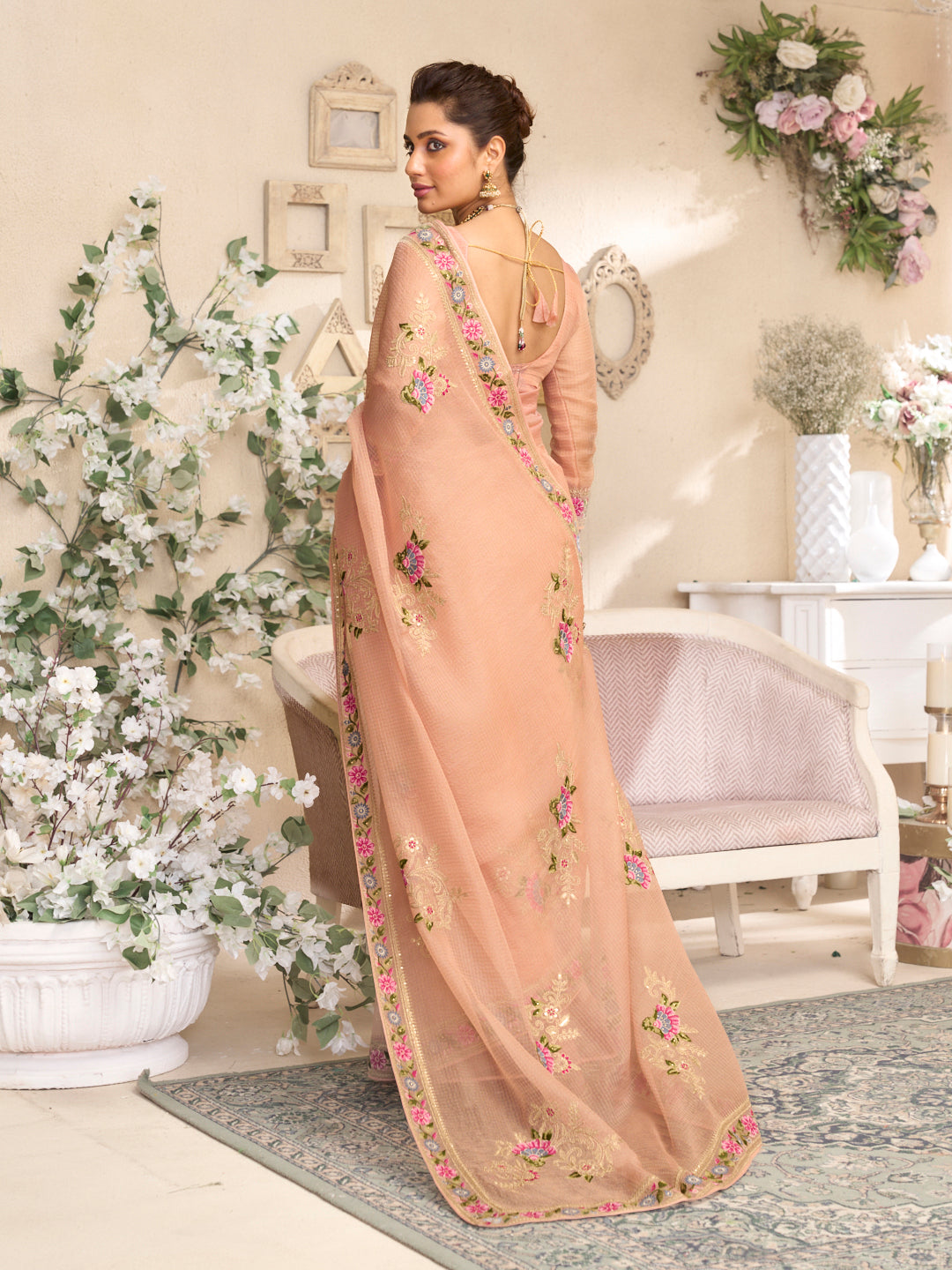 Laxmipati RaangSaaz Peach Tissue Saree with Floral Embroidery