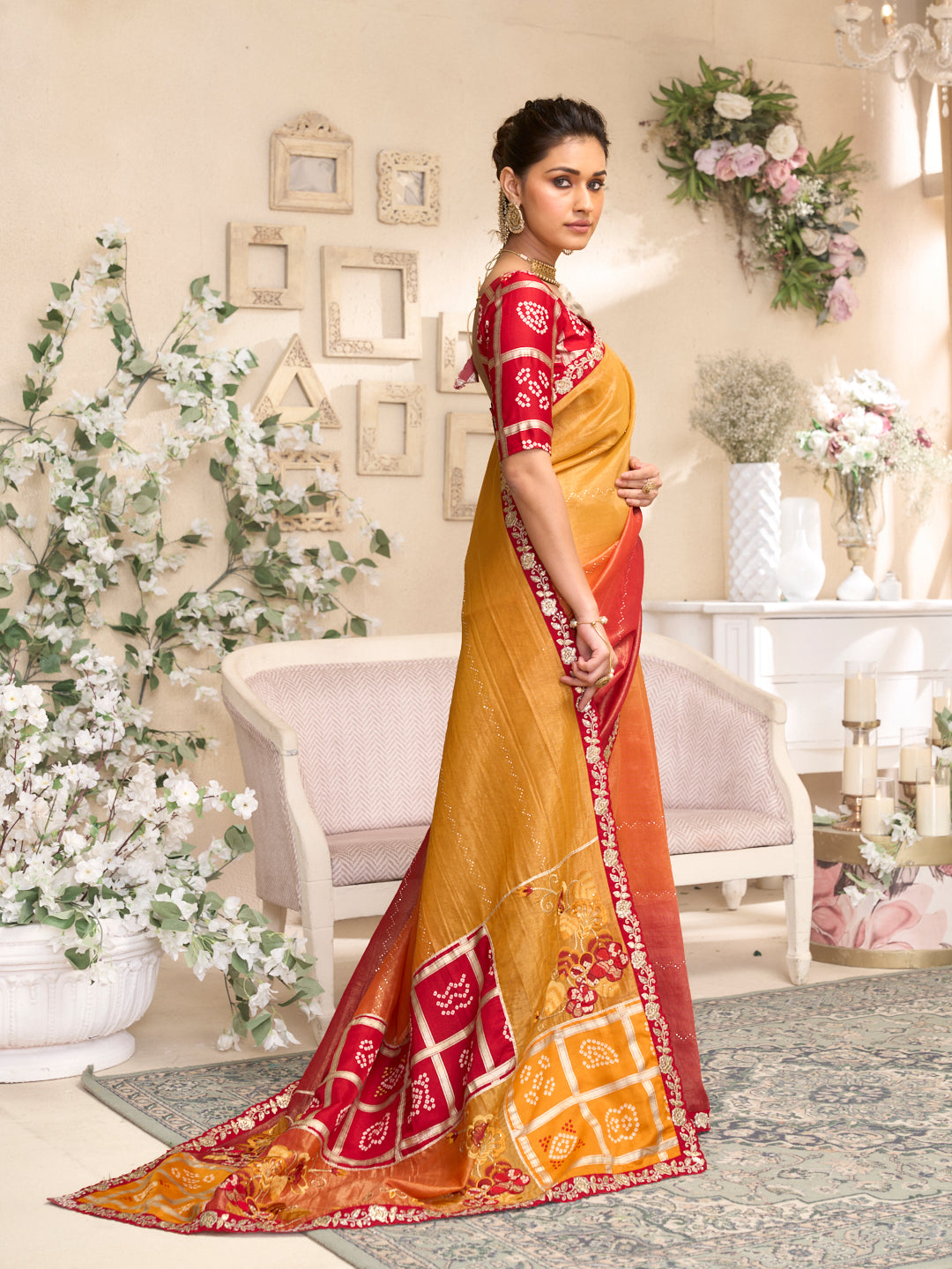 Laxmipati RaangSaaz Mustard Silk Saree with Floral Embroidery & Bandhani Print