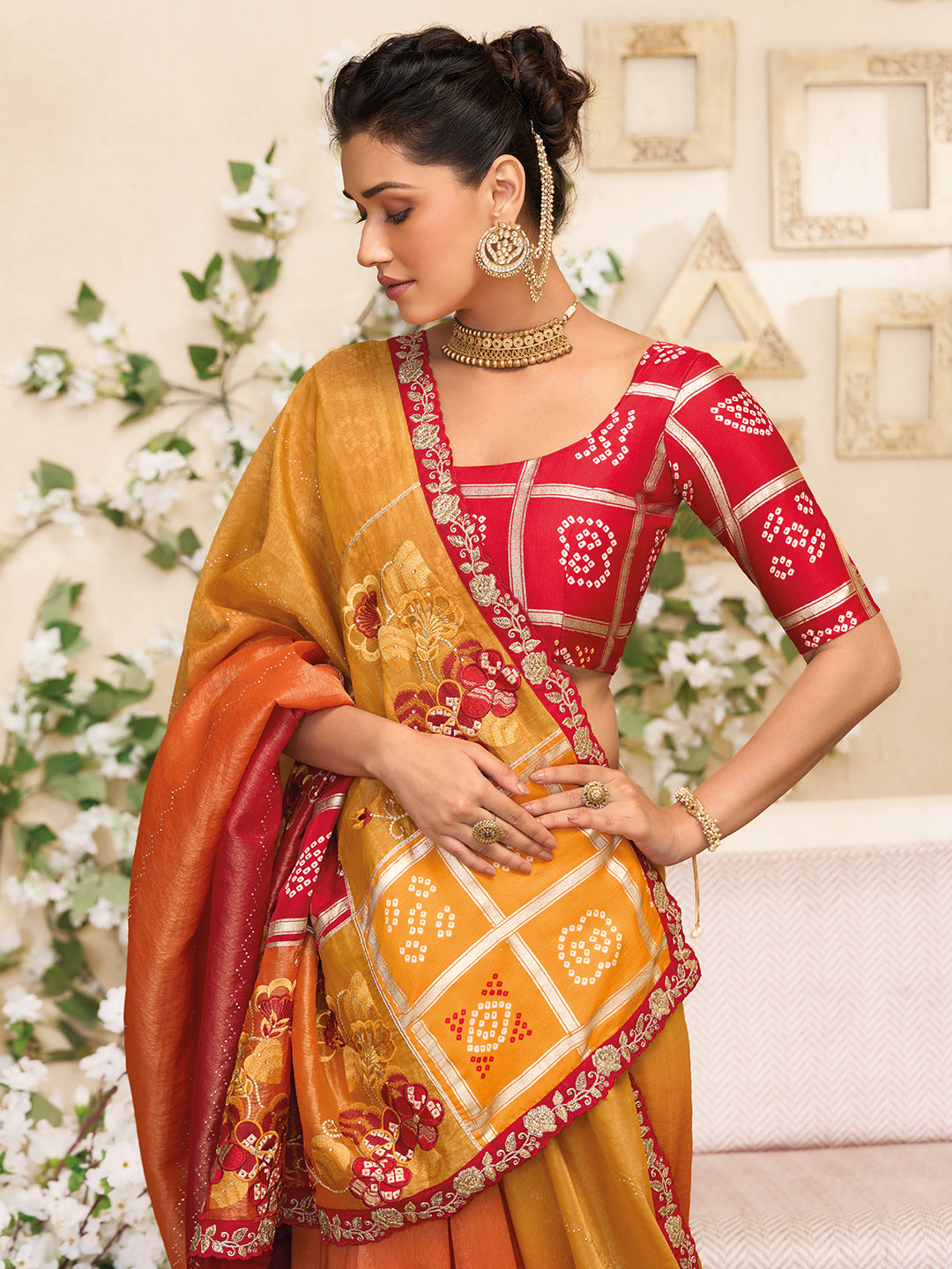 Laxmipati RaangSaaz Mustard Silk Saree with Floral Embroidery & Bandhani Print