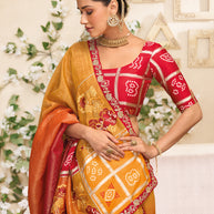 Laxmipati RaangSaaz Mustard Silk Saree with Floral Embroidery & Bandhani Print