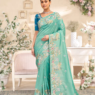 Laxmipati RaangSaaz Teal Blue Silk Saree with Floral Embroidery
