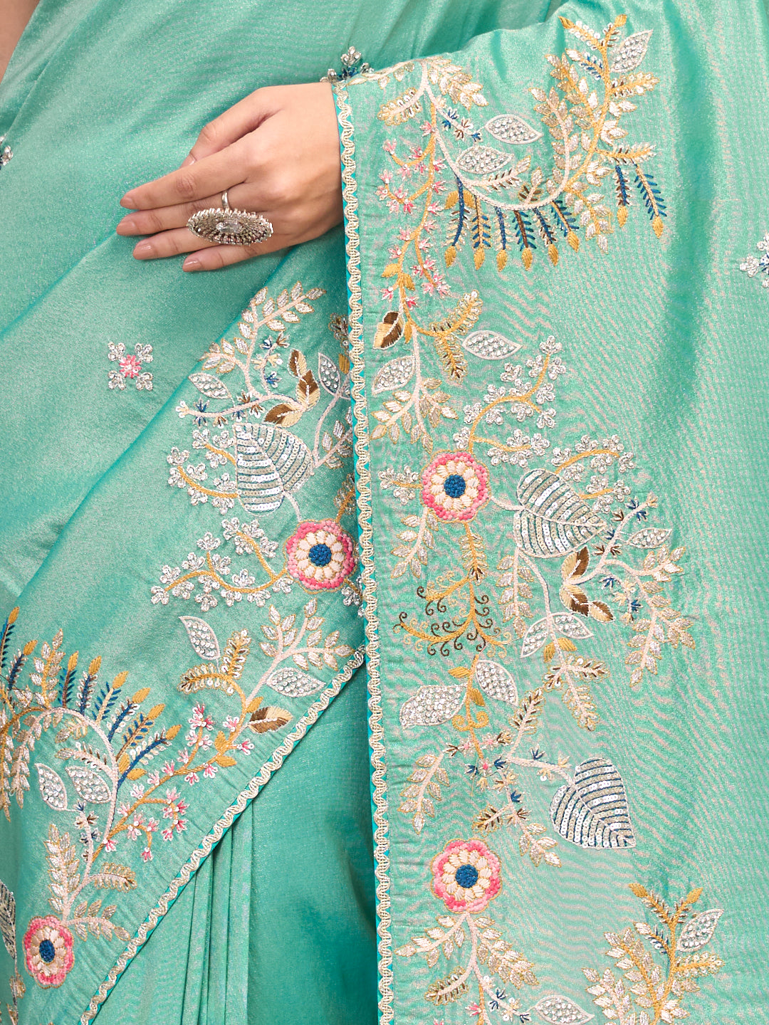 Laxmipati RaangSaaz Teal Blue Silk Saree with Floral Embroidery