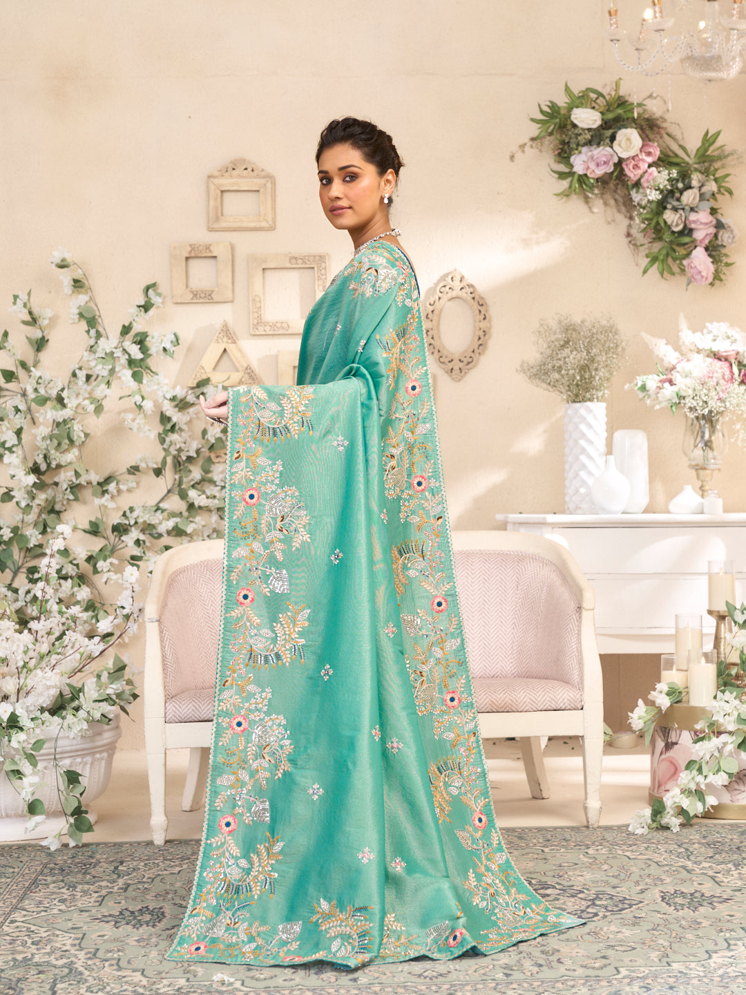 Laxmipati RaangSaaz Teal Blue Silk Saree with Floral Embroidery