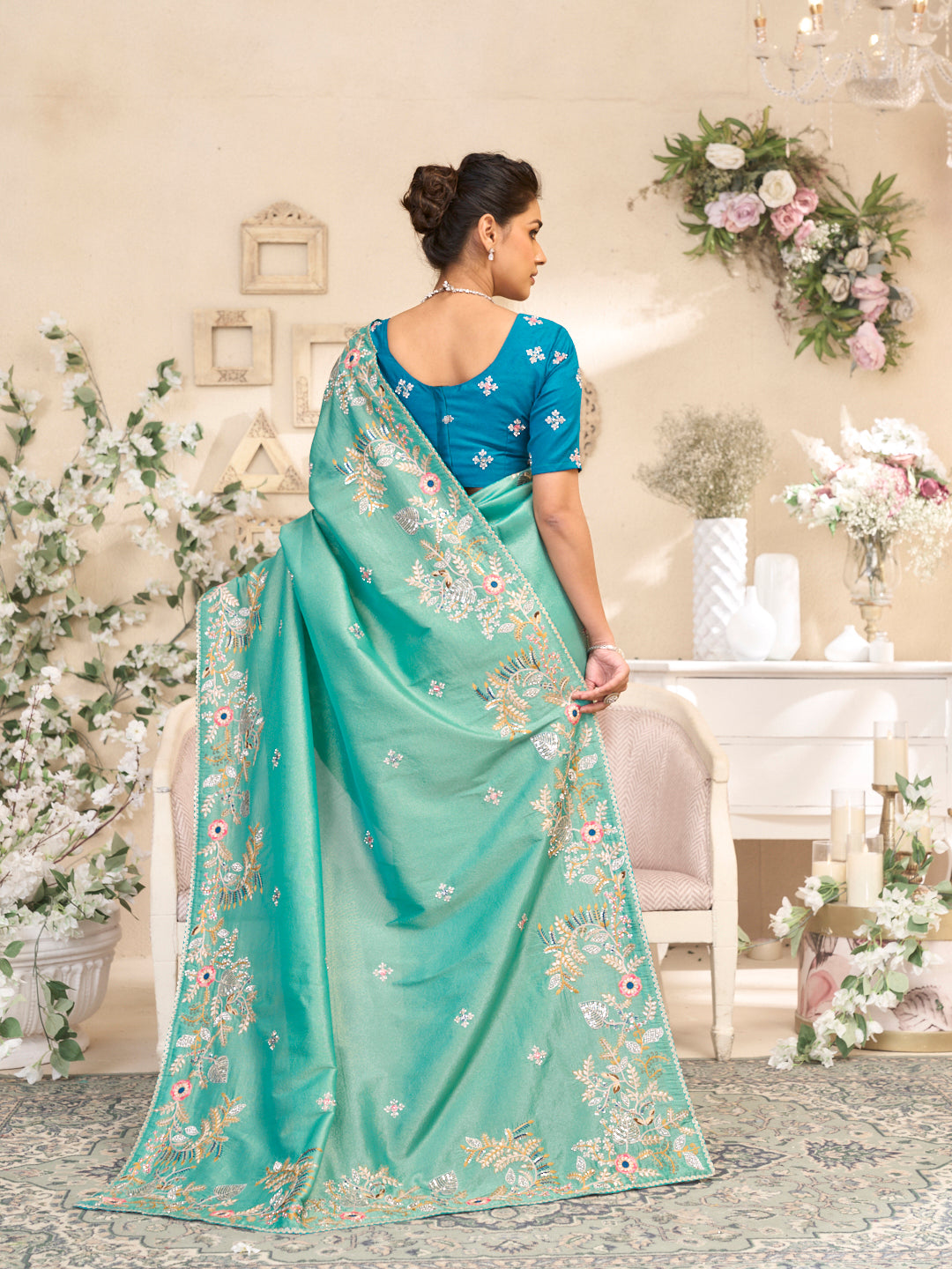 Laxmipati RaangSaaz Teal Blue Silk Saree with Floral Embroidery