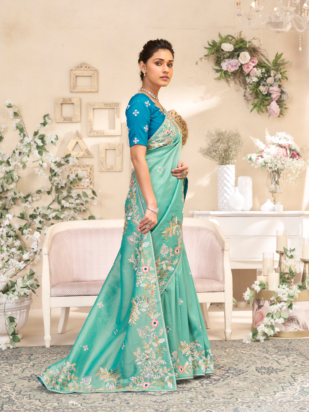 Laxmipati RaangSaaz Teal Blue Silk Saree with Floral Embroidery