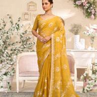 Laxmipati RaangSaaz Ochre Yellow Tissue Saree with Floral Embroidery