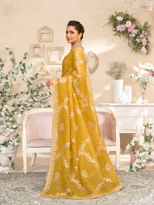 Laxmipati RaangSaaz Ochre Yellow Tissue Saree with Floral Embroidery